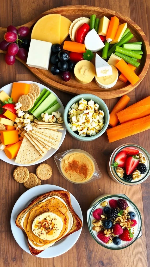 A variety of quick and tasty snacks including a cheese platter, veggies and hummus, popcorn, yogurt parfait, and peanut butter toast on a rustic wooden table.